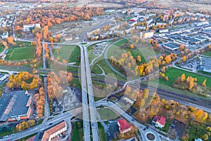 Aerial view of the city at sunset.