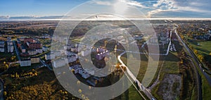 Aerial view of the city at sunset. Panorama.