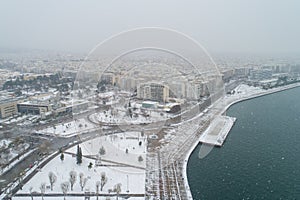 Aerial view of the city of Thessaloniki during the snowfall