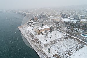 Aerial view of the city of Thessaloniki during the snowfall