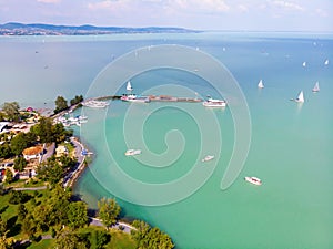 Aerial view of the city of Tihany in the background on Lake Balaton and the sailing boats in the Balaton upland