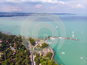 Aerial view of the city of Tihany in the background on Lake Balaton and the sailing boats in the Balaton upland
