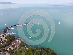 Aerial view of the city of Tihany in the background on Lake Balaton and the sailing boats in the Balaton upland