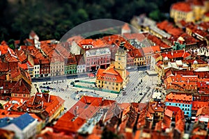 Aerial view of city with tilt-shift effect. Romania.