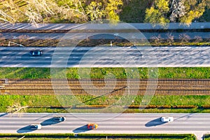 Aerial view of city traffic, trams and cars in Wroclaw city, Poland photo