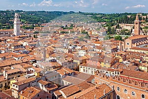 Aerial view of city Verona with red roofs, Italy