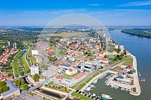 Aerial view of the city of Vukovar and Danube river, Croatia