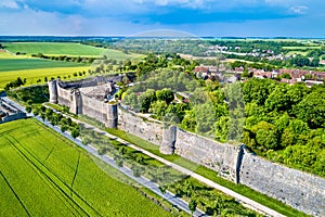 Aerial view of the city walls of Provins, a town of medieval fairs and a UNESCO World Heritage Site in France