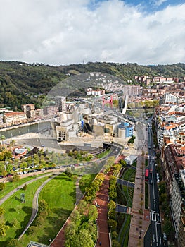 Aerial view of cityscape Bilbao surrounded by buildings