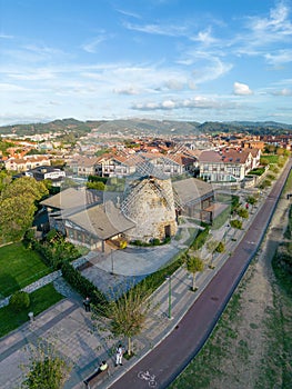 Aerial view of cityscape Bilbao surrounded by buildings and water