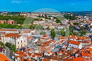 Aerial view of cityscape and cathedral of Leiria, Portugal