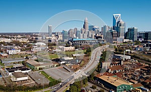 Aerial view of the cityscape of Charlotte in North Carolina, USA on a sunny day