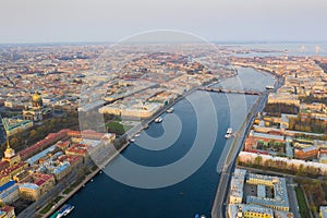 Aerial view cityscape of city center, Neva river. Saint Petersburg skyline frome drone
