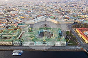 Aerial view cityscape of city center, Palace square, State Hermitage museum (Winter Palace), Neva river. Saint Petersburg skyline