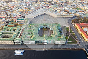 Aerial view cityscape of city center, Palace square, State Hermitage museum (Winter Palace), Neva river. Saint Petersburg skyline