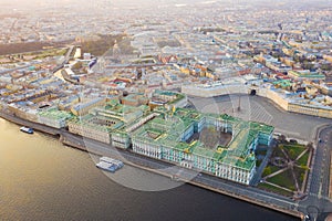 Aerial view cityscape of city center, Palace square, State Hermitage museum (Winter Palace), Neva river. Saint Petersburg skyline