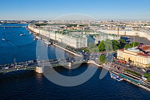 Aerial view cityscape of city center, Palace square, State Hermitage museum Winter Palace, Neva river. Saint Petersburg skyline