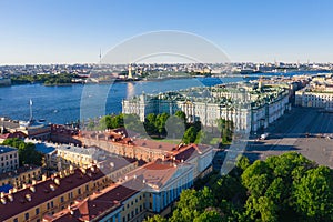 Aerial view cityscape of city center, Palace square, State Hermitage museum Winter Palace, Neva river. Saint Petersburg skyline