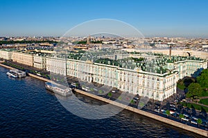 Aerial view cityscape of city center, Palace square, State Hermitage museum Winter Palace, Neva river. Saint Petersburg skyline