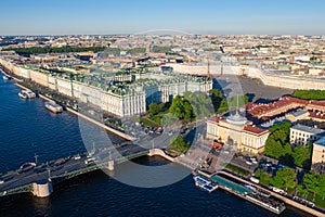 Aerial view cityscape of city center, Palace square, State Hermitage museum Winter Palace, Neva river. Saint Petersburg skyline