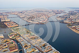 Aerial view cityscape of city center, Palace square, State Hermitage museum Winter Palace, Neva river. Saint Petersburg skyline