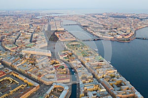 Aerial view cityscape of city center, Palace square, State Hermitage museum Winter Palace, Neva river. Saint Petersburg skyline