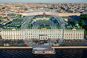 Aerial view cityscape of city center, Palace square, State Hermitage museum Winter Palace, Neva river. Saint Petersburg skyline