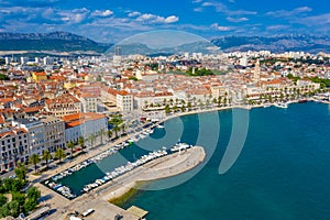 Aerial view of cityscape of Croatian city Split behind Riva promenade