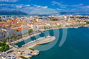 Aerial view of cityscape of Croatian city Split behind Riva promenade