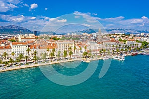 Aerial view of cityscape of Croatian city Split behind Riva promenade