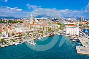 Aerial view of cityscape of Croatian city Split behind Riva promenade