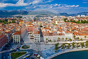 Aerial view of cityscape of Croatian city Split behind Riva promenade