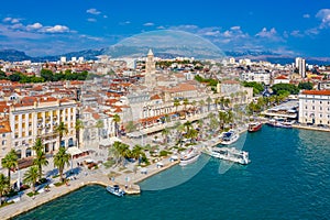 Aerial view of cityscape of Croatian city Split behind Riva promenade