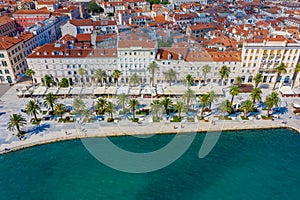 Aerial view of cityscape of Croatian city Split behind Riva promenade