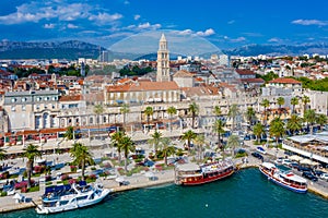 Aerial view of cityscape of Croatian city Split behind Riva promenade
