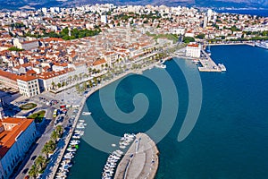 Aerial view of cityscape of Croatian city Split behind Riva promenade