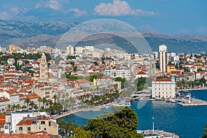 Aerial view of cityscape of Croatian city Split behind Riva promenade