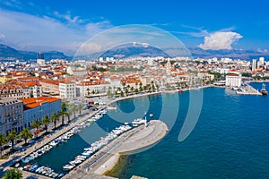 Aerial view of cityscape of Croatian city Split behind Riva promenade