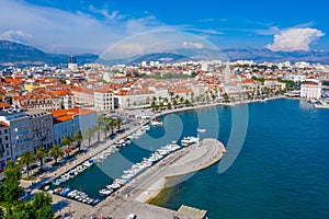 Aerial view of cityscape of Croatian city Split behind Riva promenade