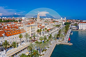 Aerial view of cityscape of Croatian city Split behind Riva promenade