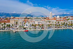 Aerial view of cityscape of Croatian city Split behind Riva promenade