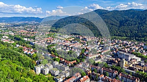 Aerial view of cityscape Freiburg im Breisgau surrounded by buildings