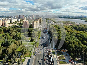 Aerial view cityscape of large streets. Car traffic on the highway in the big city.