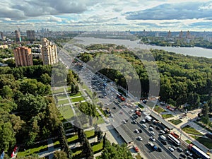 Aerial view cityscape of large streets. Car traffic on the highway in the big city.