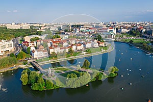 Aerial View, Cityscape Of Minsk, Belarus. Summer Season, Sunset Time. Panorama Of Nemiga District