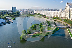 Aerial View, Cityscape Of Minsk, Belarus. Summer Season, Sunset Time. Panorama Of Nemiga District