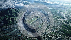 Aerial view of a cityscape with a mountain and waterfall