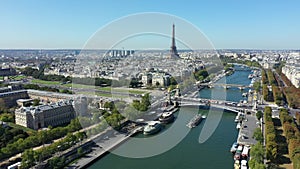 Aerial view of cityscape of Paris France with Seine River and Eiffel Tower