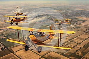 aerial view of classic biplanes flying in formation