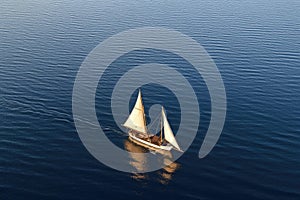 aerial view of a classic sailboat gliding on calm sea